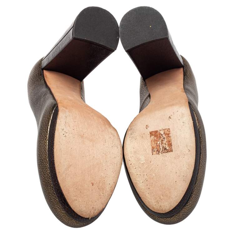 Pre Owned Rochas Metallic Bronze/Brown Leather Block Heel Loafer Pumps Size 39