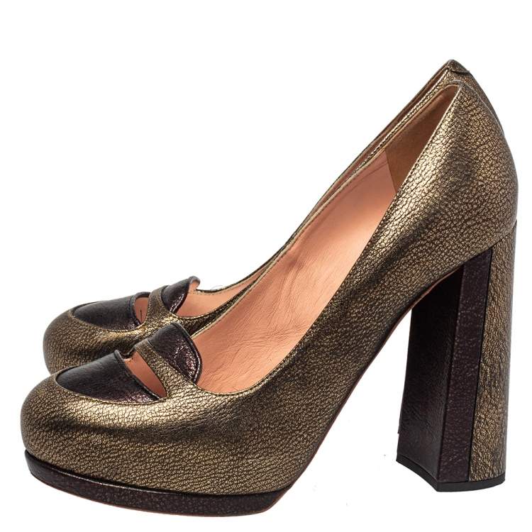 Pre Owned Rochas Metallic Bronze/Brown Leather Block Heel Loafer Pumps Size 39