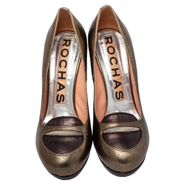 Pre Owned Rochas Metallic Bronze/Brown Leather Block Heel Loafer Pumps Size 39