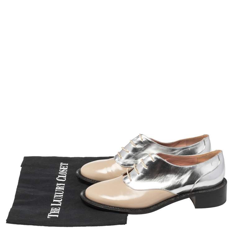 Pre Owned Rochas Metallic Silver/Beige Leather Lace Up Derby Size 39