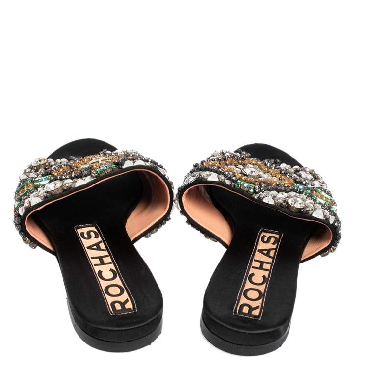 Pre Owned Rochas Black Satin Crystal Embellished Slide Flats Size 39