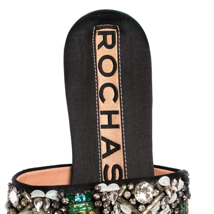 Pre Owned Rochas Black Satin Crystal Embellished Slide Flats Size 39