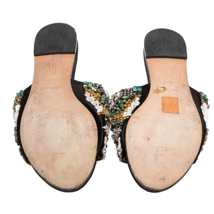 Pre Owned Rochas Black Satin Crystal Embellished Slide Flats Size 39