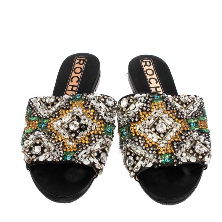 Pre Owned Rochas Black Satin Crystal Embellished Slide Flats Size 39