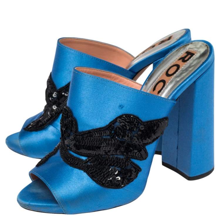Pre Owned Rochas Blue Satin Embellishment  Mule Sandals Size 36