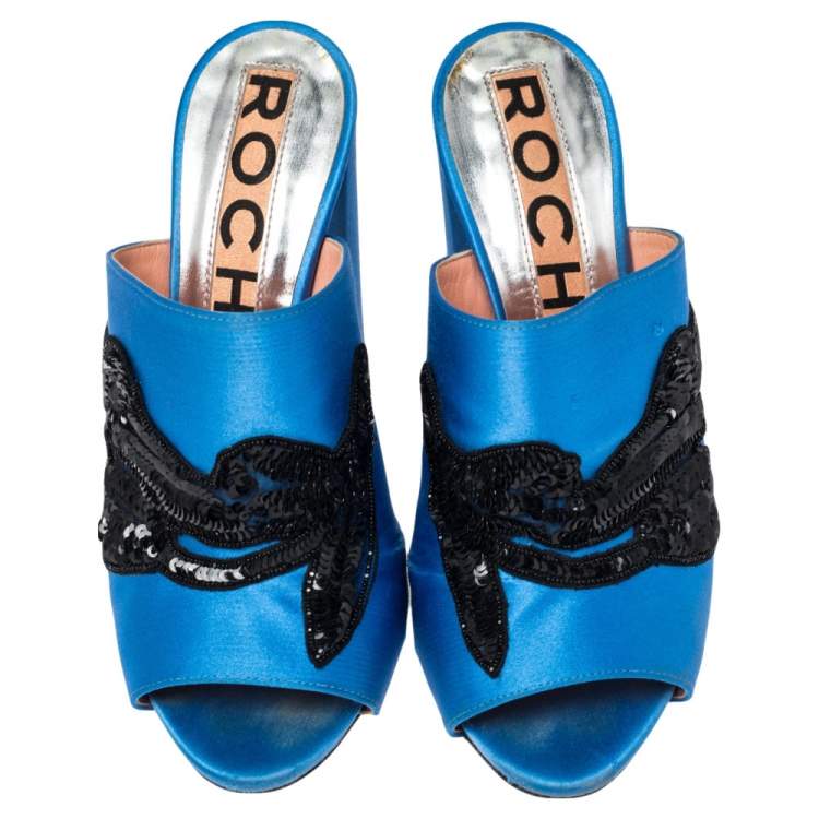 Pre Owned Rochas Blue Satin Embellishment  Mule Sandals Size 36