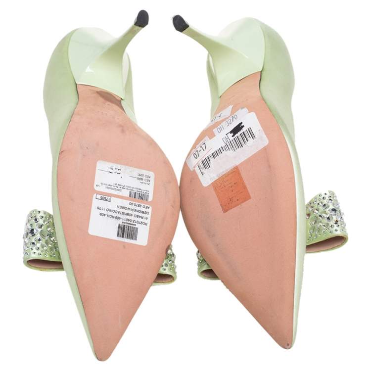 Pre Owned Rochas Mint Green Satin Bow Crystals Embellished Pumps Size 41