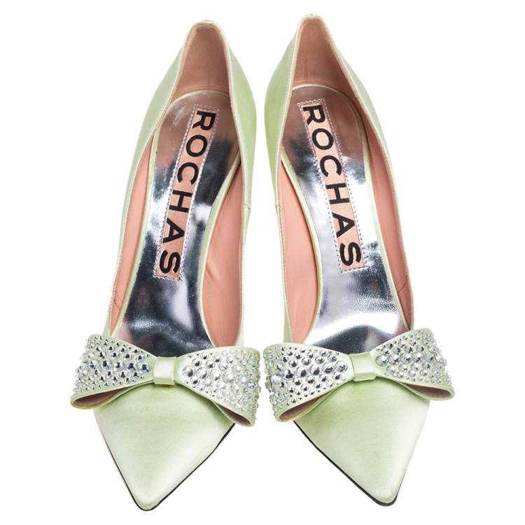 Pre Owned Rochas Mint Green Satin Bow Crystals Embellished Pumps Size 41