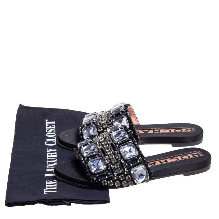 Pre Owned Rochas Black Crystals Embellished Suede Flat Slides Size 38