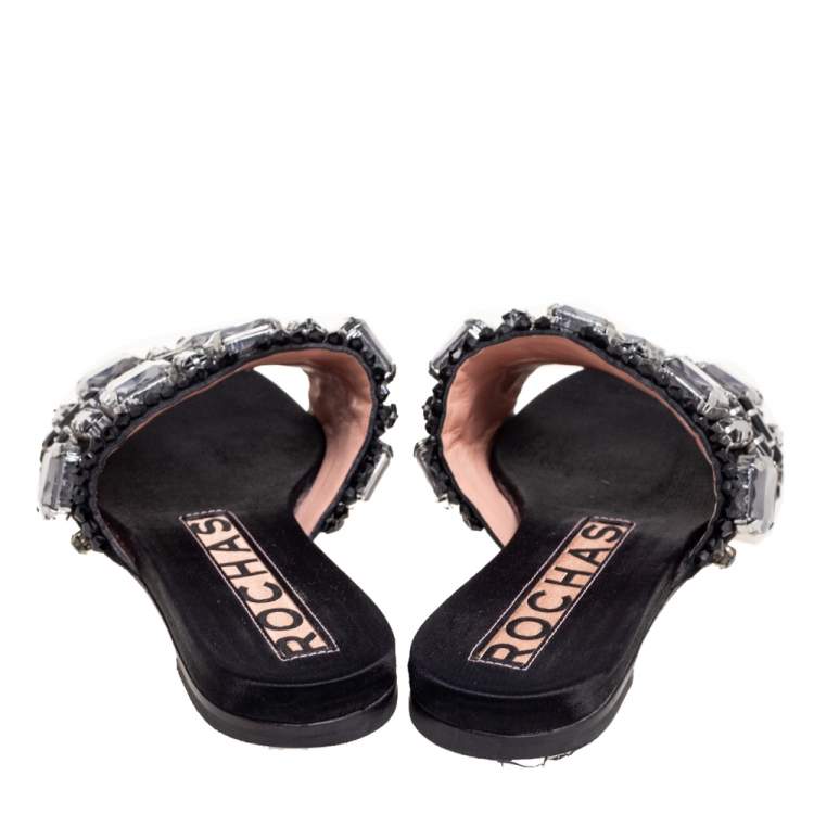 Pre Owned Rochas Black Crystals Embellished Suede Flat Slides Size 38