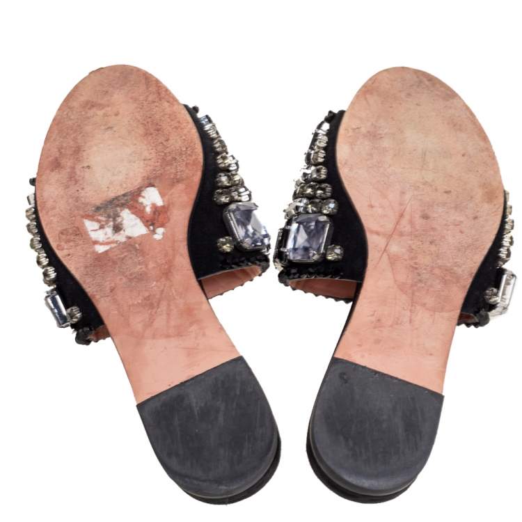 Pre Owned Rochas Black Crystals Embellished Suede Flat Slides Size 38
