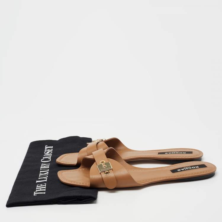 Pre Owned Rochas Tan Leather Flat Slides Size 41