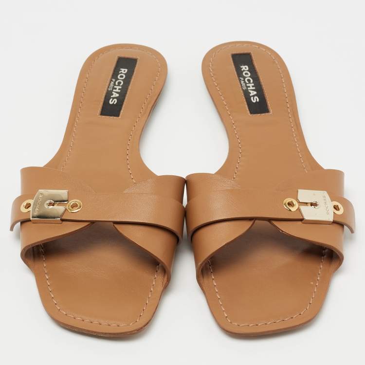 Pre Owned Rochas Tan Leather Flat Slides Size 41