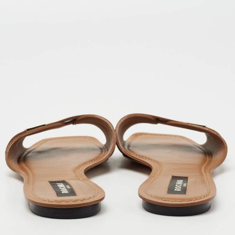 Pre Owned Rochas Tan Leather Flat Slides Size 41