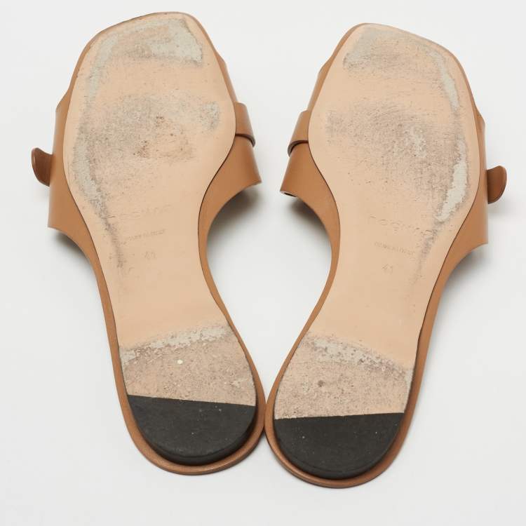 Pre Owned Rochas Tan Leather Flat Slides Size 41
