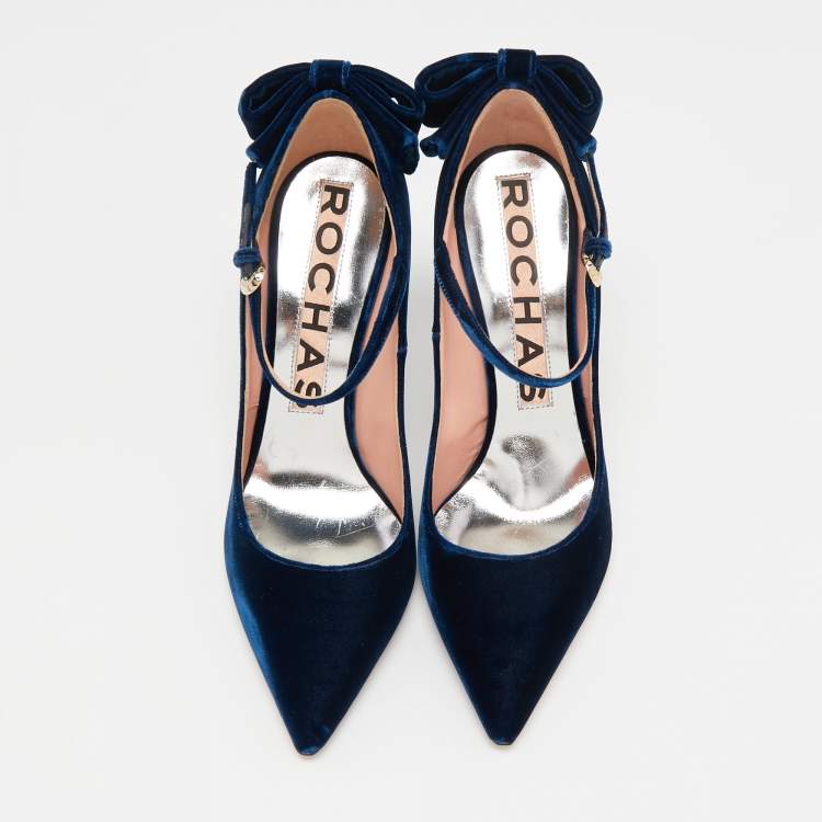 Pre Owned Rochas Navy Blue Velvet Bow Ankle Strap Pointed Toe Pumps Size 40