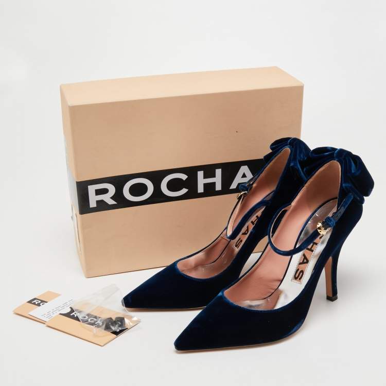Pre Owned Rochas Navy Blue Velvet Bow Ankle Strap Pointed Toe Pumps Size 40