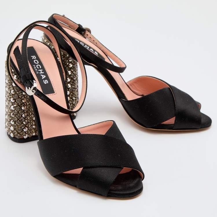 Pre Owned Rochas Black Satin Cross Strap Crystal Embellished Block Heel Ankle Strap Sandals Size 37