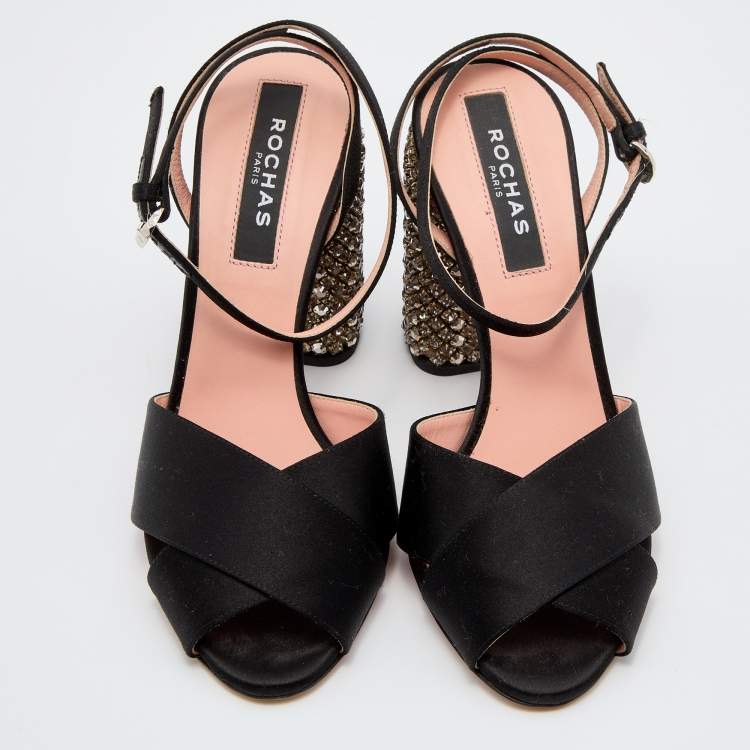 Pre Owned Rochas Black Satin Cross Strap Crystal Embellished Block Heel Ankle Strap Sandals Size 37