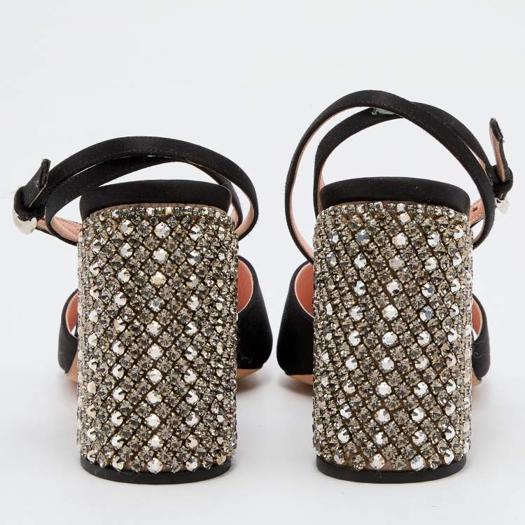 Pre Owned Rochas Black Satin Cross Strap Crystal Embellished Block Heel Ankle Strap Sandals Size 37
