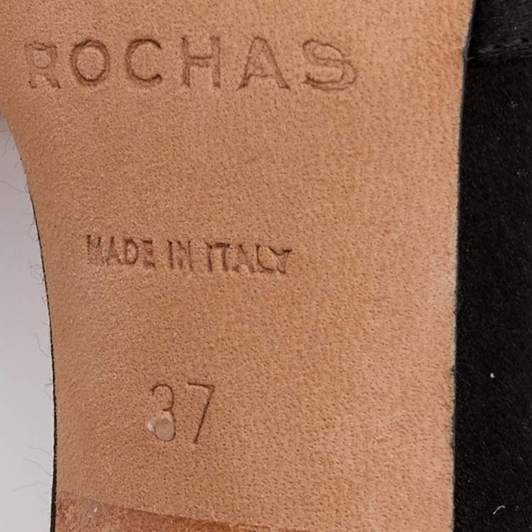 Pre Owned Rochas Black Satin Cross Strap Crystal Embellished Block Heel Ankle Strap Sandals Size 37