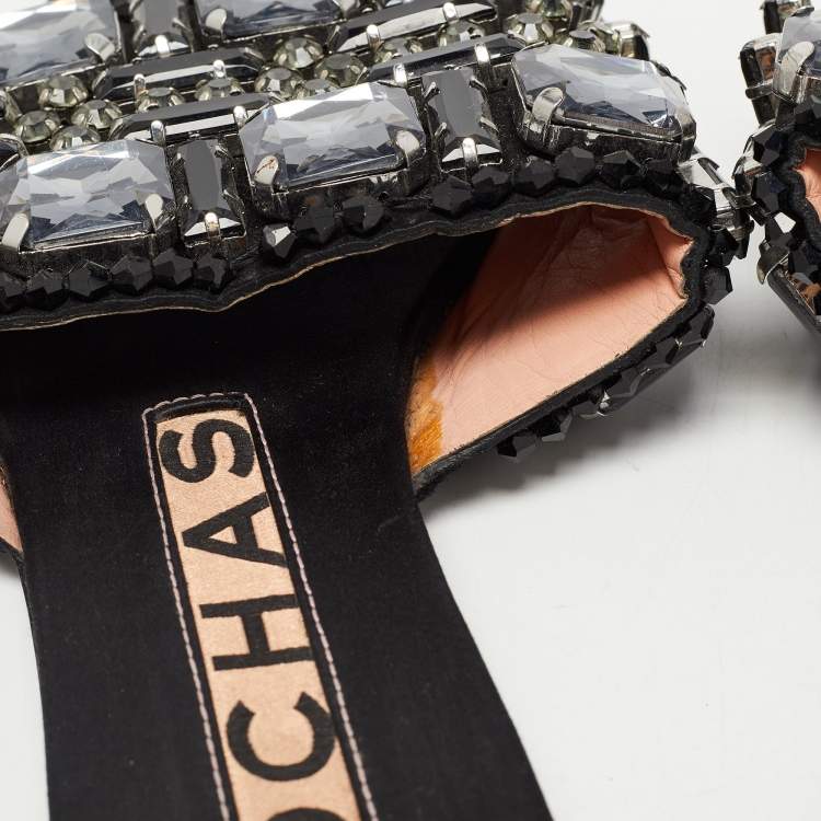 Pre Owned Rochas Black Crystal Embellished Suede Flat Slides Size 39