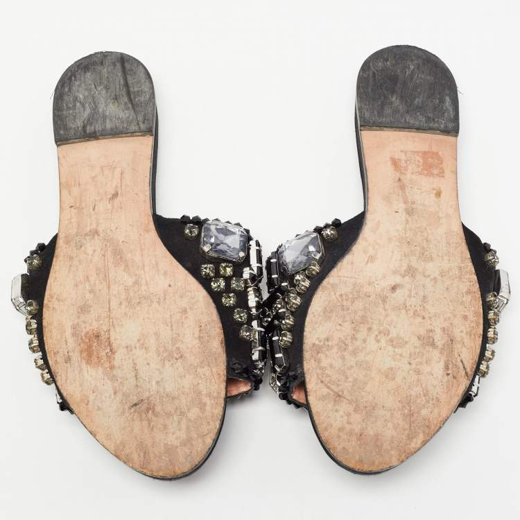 Pre Owned Rochas Black Crystal Embellished Suede Flat Slides Size 39