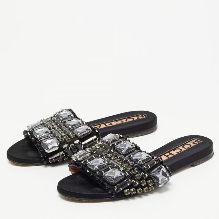 Pre Owned Rochas Black Crystal Embellished Suede Flat Slides Size 39