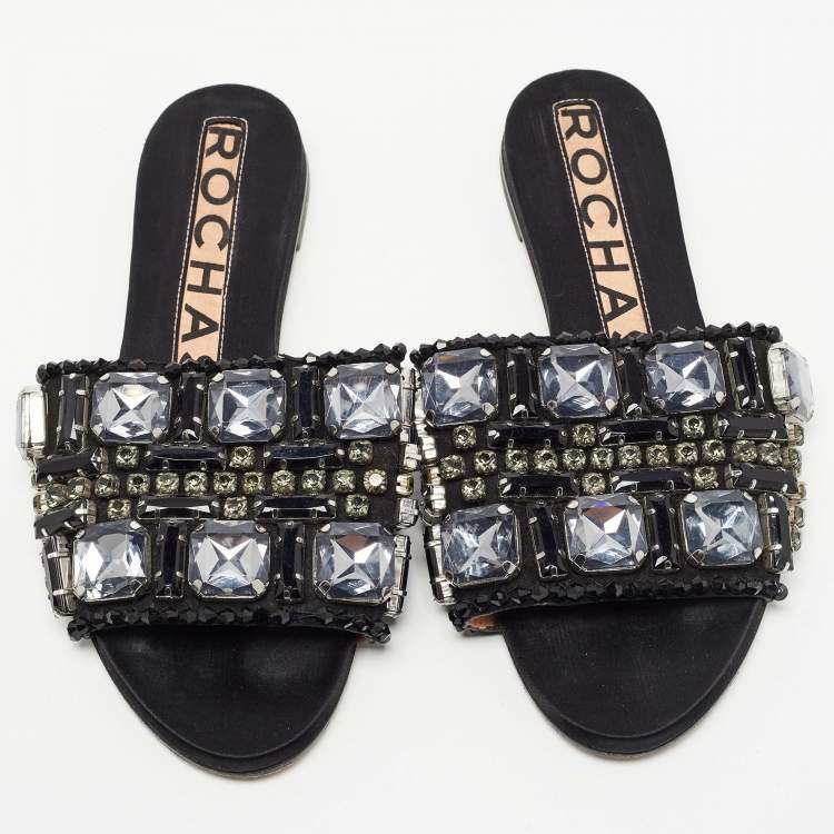 Pre Owned Rochas Black Crystal Embellished Suede Flat Slides Size 39
