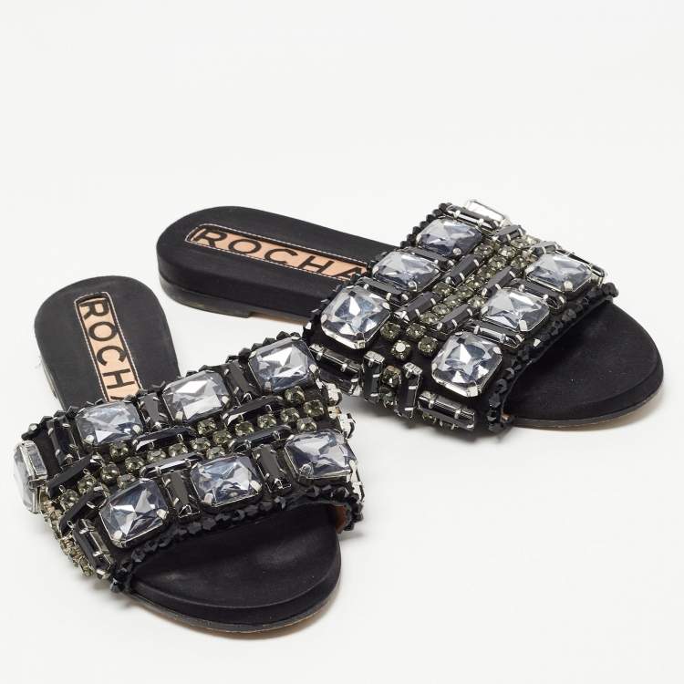 Pre Owned Rochas Black Crystal Embellished Suede Flat Slides Size 39