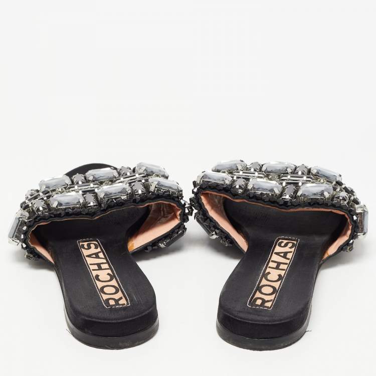 Pre Owned Rochas Black Crystal Embellished Suede Flat Slides Size 39