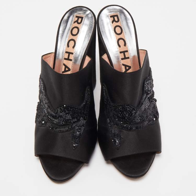 Pre Owned Rochas Black Satin Crystals Embellished Slide Sandals Size 41
