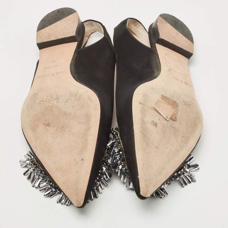 مملوكة مسبقًا Rochas Black Satin Crystal Embellished Flat Slingback  Sandals Size 36