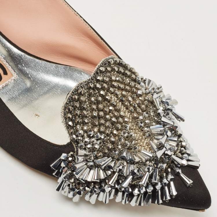 مملوكة مسبقًا Rochas Black Satin Crystal Embellished Flat Slingback  Sandals Size 36