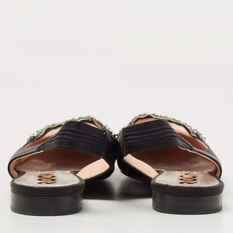 مملوكة مسبقًا Rochas Black Satin Crystal Embellished Flat Slingback  Sandals Size 36