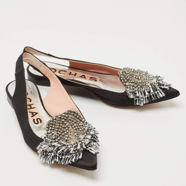 مملوكة مسبقًا Rochas Black Satin Crystal Embellished Flat Slingback  Sandals Size 36