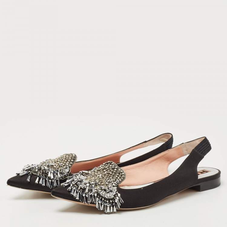 مملوكة مسبقًا Rochas Black Satin Crystal Embellished Flat Slingback  Sandals Size 36