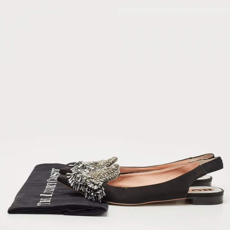 مملوكة مسبقًا Rochas Black Satin Crystal Embellished Flat Slingback  Sandals Size 36