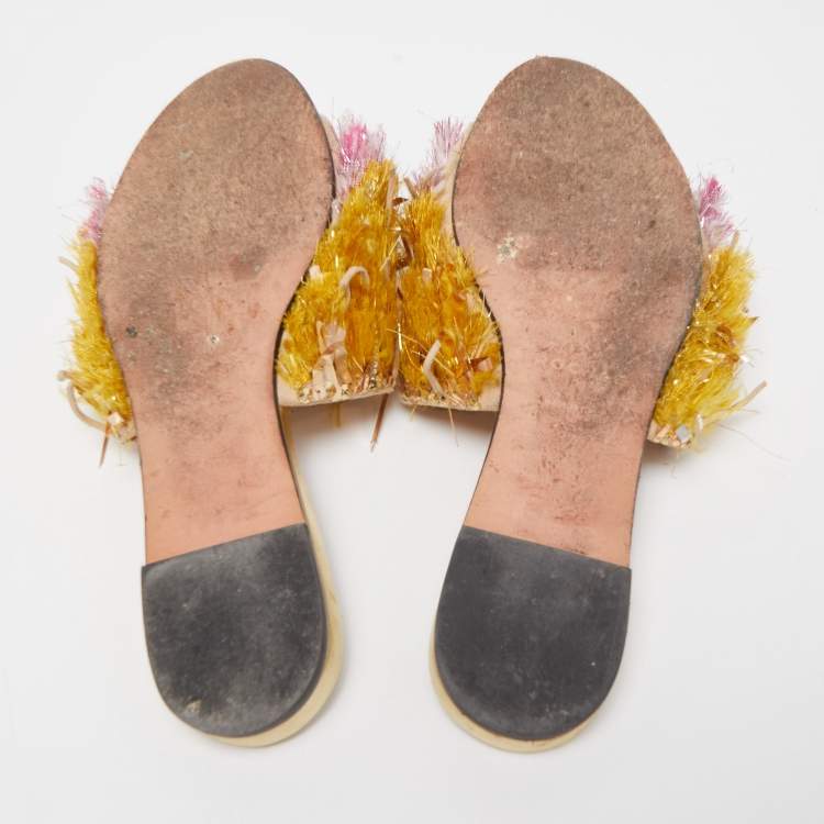 Pre Owned Rochas Multicolor Fabric and Suede Fringe Embellished Slide Flats Size 37 