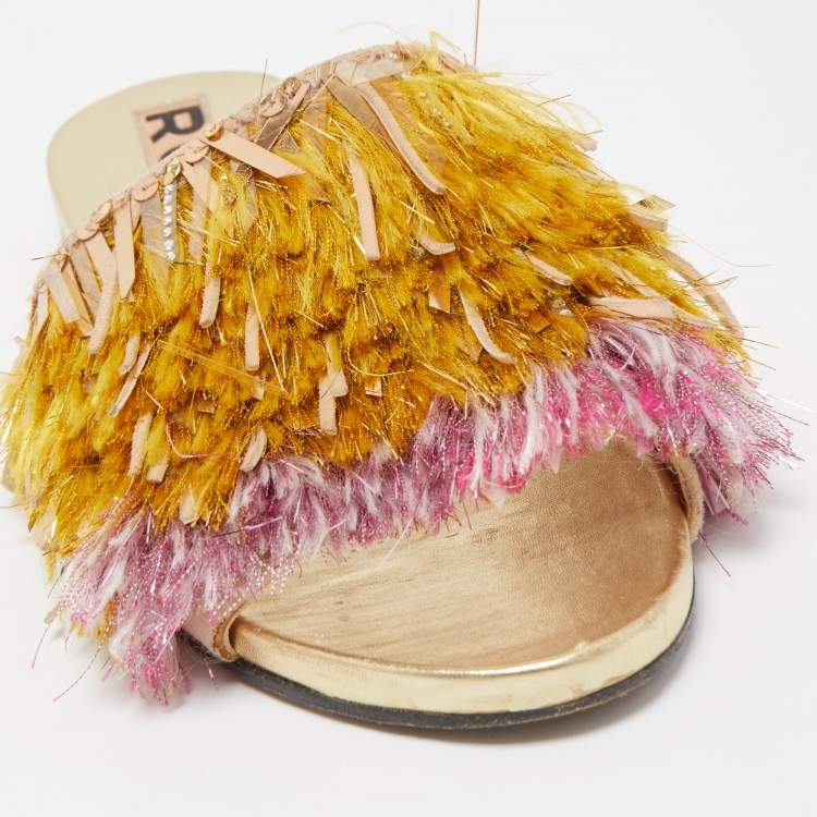 Pre Owned Rochas Multicolor Fabric and Suede Fringe Embellished Slide Flats Size 37 
