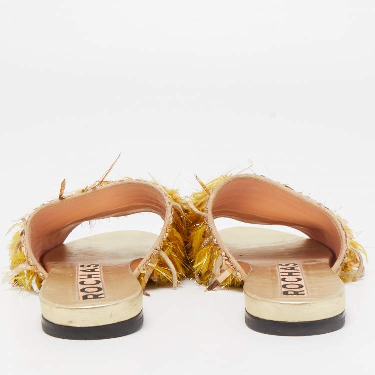 Pre Owned Rochas Multicolor Fabric and Suede Fringe Embellished Slide Flats Size 37 