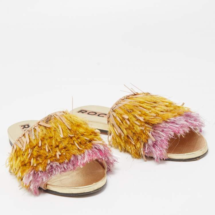 Pre Owned Rochas Multicolor Fabric and Suede Fringe Embellished Slide Flats Size 37 