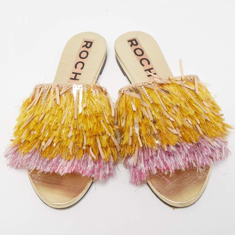 Pre Owned Rochas Multicolor Fabric and Suede Fringe Embellished Slide Flats Size 37 