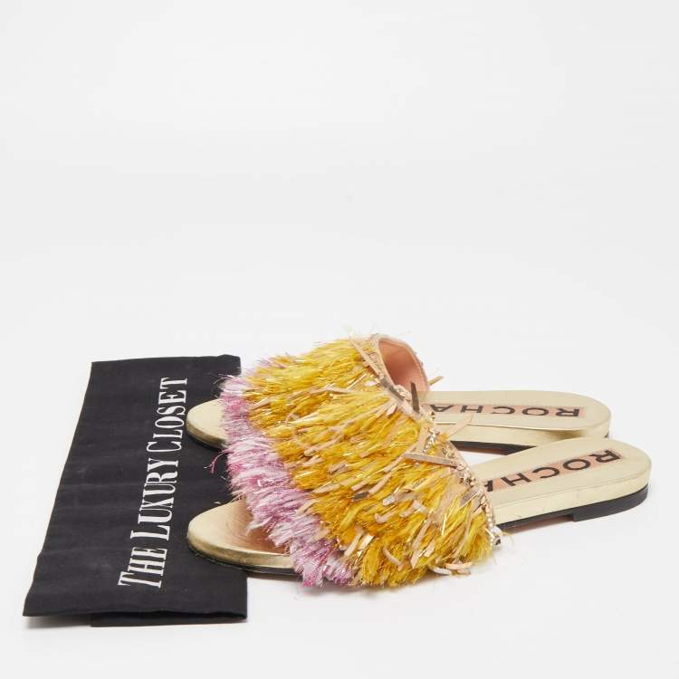 Pre Owned Rochas Multicolor Fabric and Suede Fringe Embellished Slide Flats Size 37 