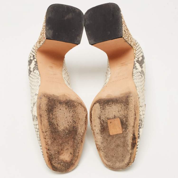 Pre Owned Rochas Beige/Brown Python Embossed Leather Glitter Heel Square Toe Pumps Size 40