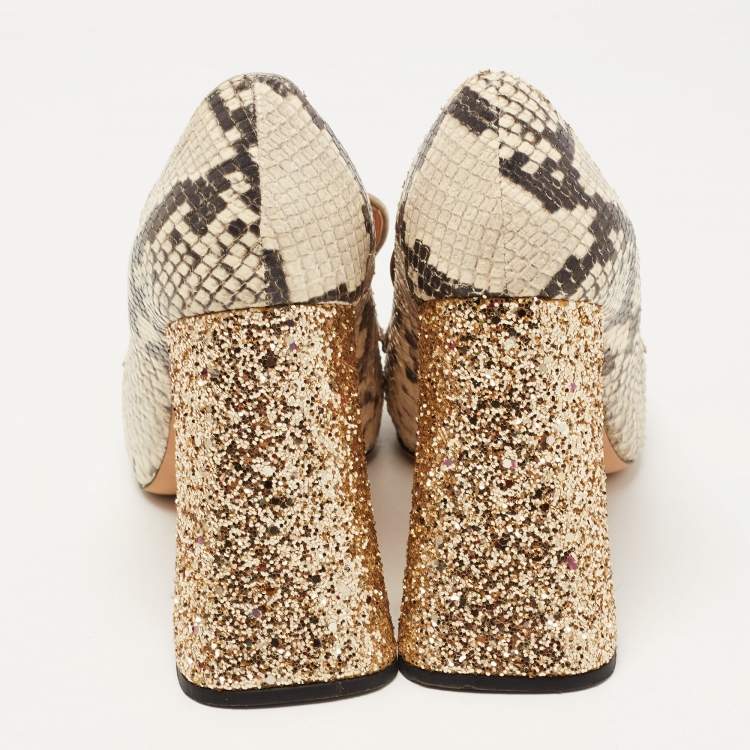 Pre Owned Rochas Beige/Brown Python Embossed Leather Glitter Heel Square Toe Pumps Size 40