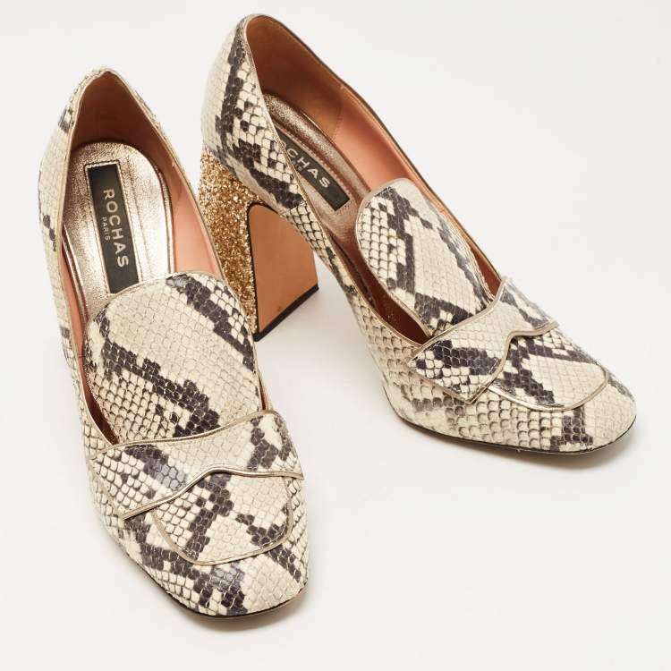 Pre Owned Rochas Beige/Brown Python Embossed Leather Glitter Heel Square Toe Pumps Size 40