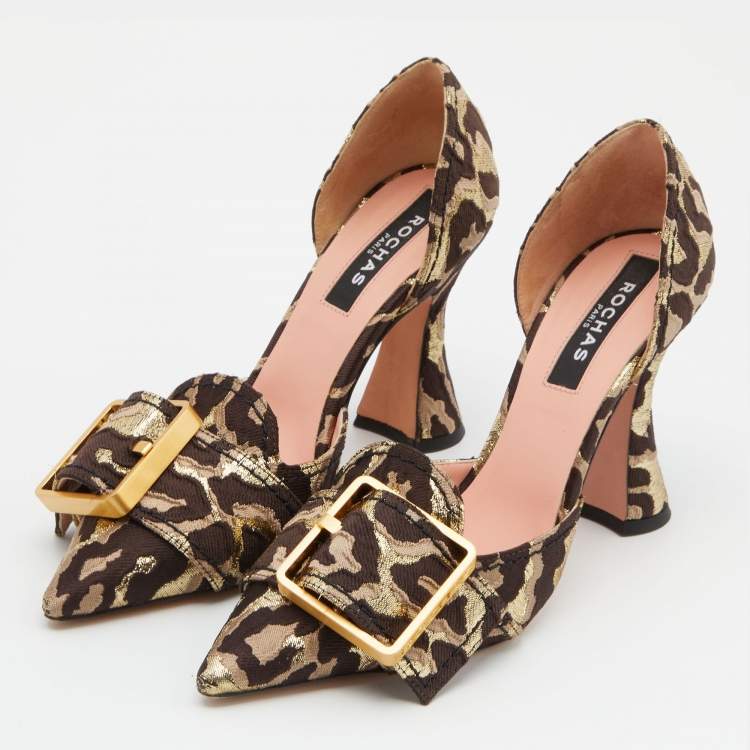 Pre Owned Rochas Brown/Gold Leopard Brocade Fabric Dorsay Pumps Size 37.5