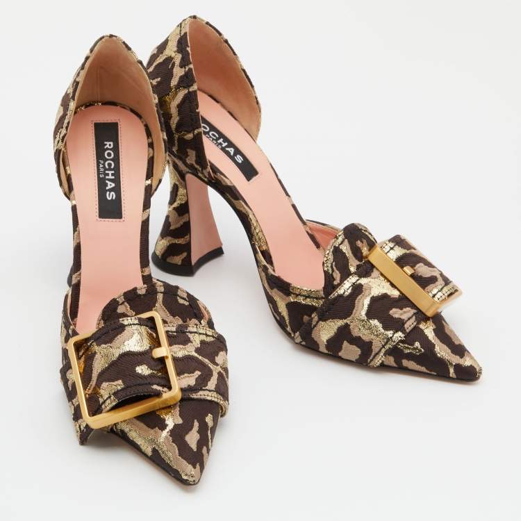 Pre Owned Rochas Brown/Gold Leopard Brocade Fabric Dorsay Pumps Size 37.5