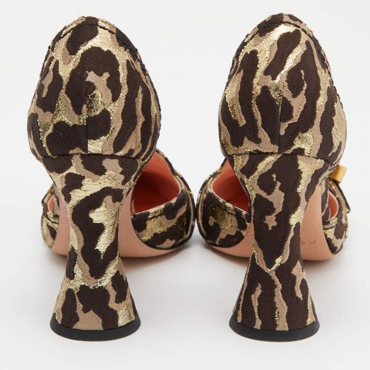 Pre Owned Rochas Brown/Gold Leopard Brocade Fabric Dorsay Pumps Size 37.5